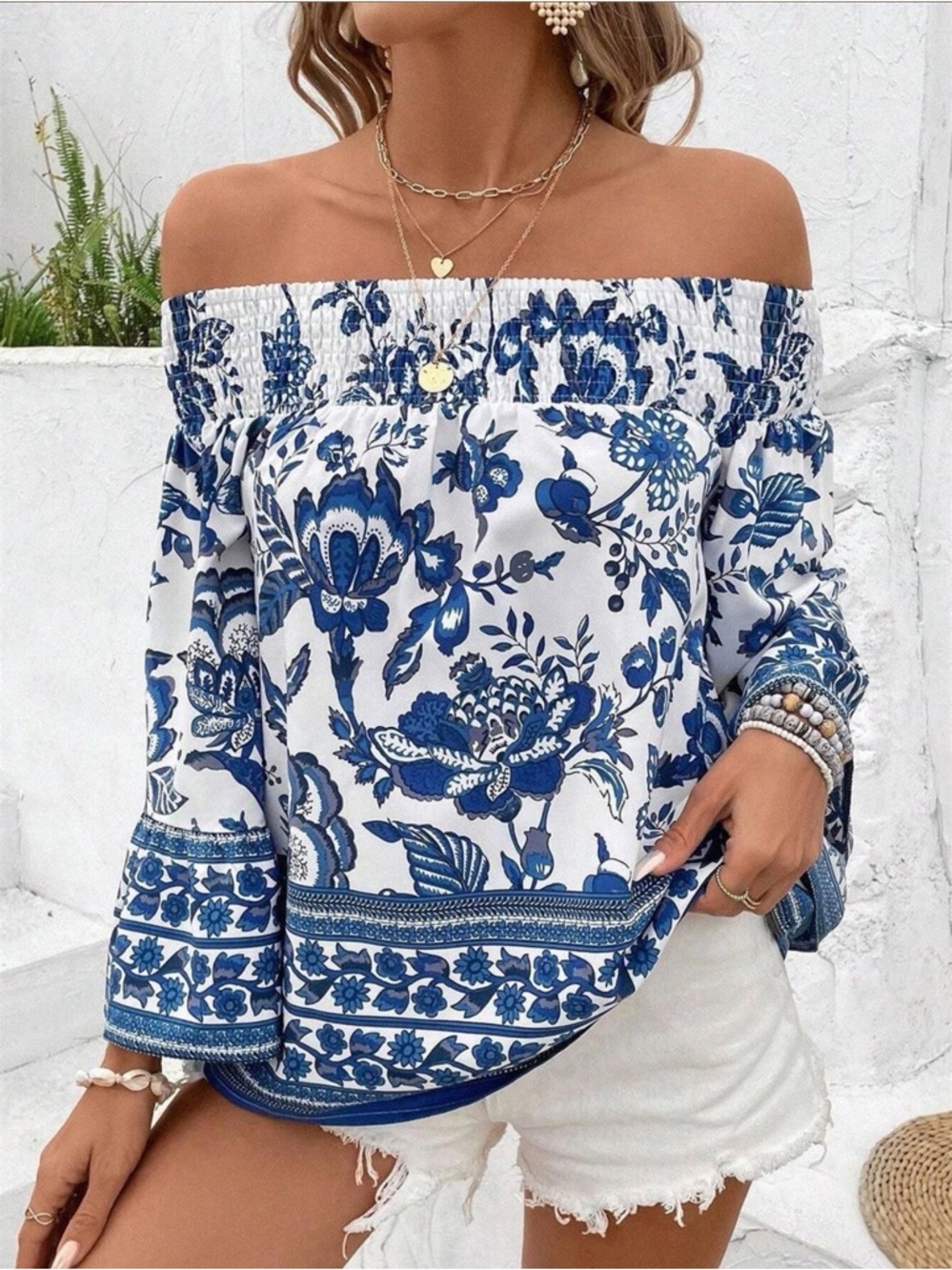 Boutique Blue White Floral Off-Shoulder Smocked Neck Blouse Beach Travel Soft